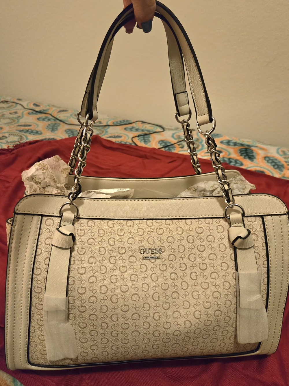 Guess Cream Logo Convertible Satchel with Chain-Strap